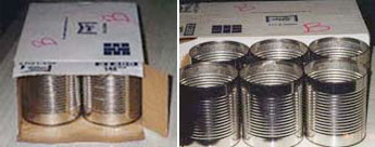 Cardboard Box with six Large Tin Cans for homemade 