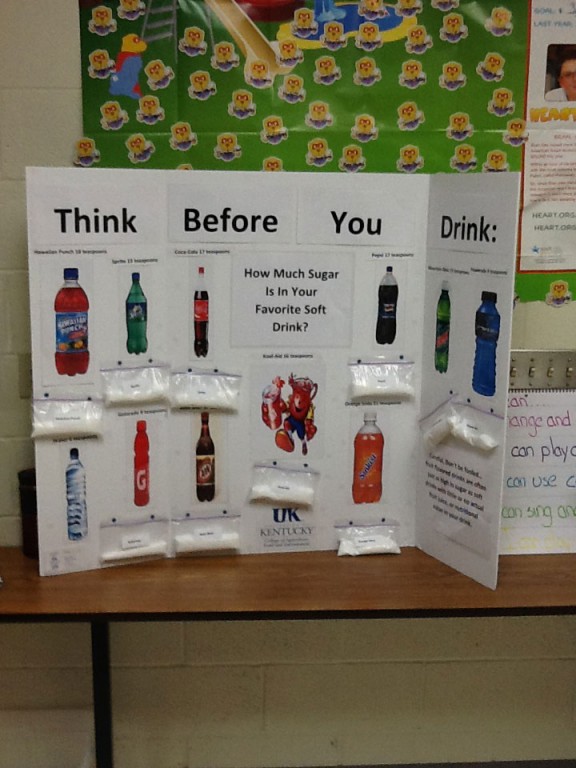 Think before you drink bulletin boards, looking at how much sugar is in each sweet drink